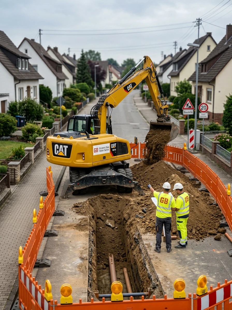 Glasfaser-Trassenbau in einer Wohnstraße mit gelbem CAT-Mobilbagger